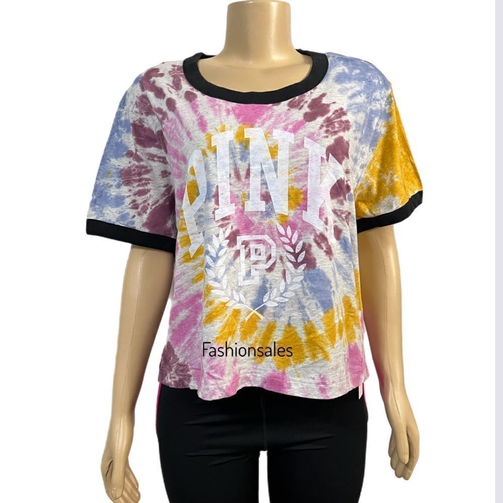 Victoria’s Secret Pink Campus Crop Oversized Logo crew neck Tee tie dye Xlarge